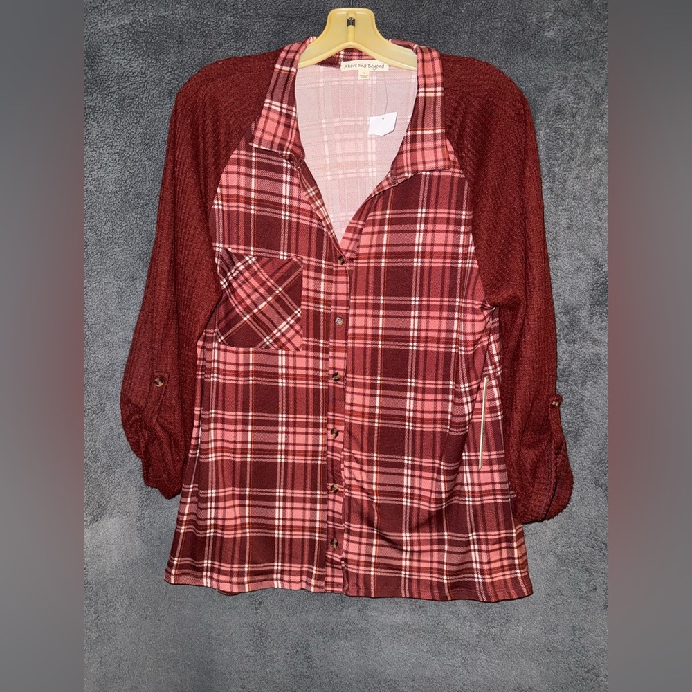 NWT Above And Beyond Burgundy Plaid Button-Down Shirt Size 1X